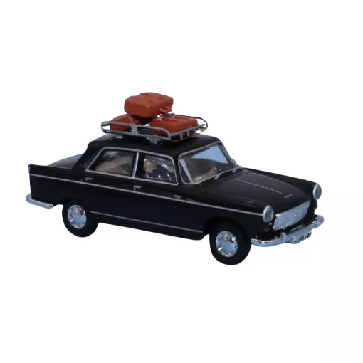 Peugeot 404 nera, portapacchi, 3 valigie, un conducente e un passeggero - Sai 1823 - HO 1/87