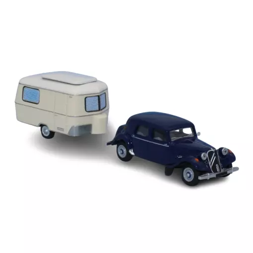 Citroën Traction 11B 1952, blu notte, con caravan Eriba avorio - Sai 6108 - HO 1/87